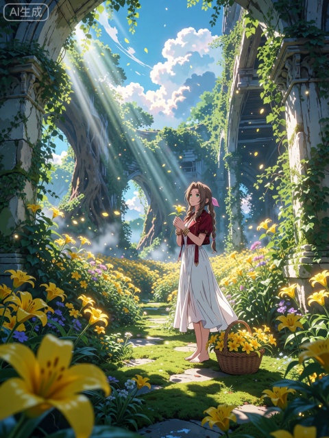 (Masterpiece, top quality, epic environmental anime illustration:1.3). Cinematic 16:9 extreme wide-angle long shot of Aerith Gainsborough in a breathtaking, vast sunlit botanical garden. Full-body portrait from head to feet, completely barefoot on a bed of vibrant green moss and yellow flowers, clean bare feet and toes fully visible.

(The Iconic Yellow Flower): She is holding a single, delicate bright yellow flower with vibrant petals (Aerith's iconic yellow lily flower given to Cloud) carefully in both hands, bringing it gently toward her chest like a cherished treasure. A rustic woven basket filled with these specific bright yellow flowers sits on the ground beside her bare feet.

(Environment & Landscape Focus - Dominating the Frame): An expansive, legendary fairytale garden merging with ancient overgrown stone architecture inspired by the Sector 5 slums church ruins. Massive stone arches covered in lush green ivy, towering white wooden trellises, and an ocean of wild yellow flowers spreading endlessly into the distance. In the background, dramatic verticality with giant ancient trees, floating pollen, and glowing light motes filling the air.

(Lighting & Atmosphere): Magnificent volumetric god rays (sunbeams) breaking through the overgrown ceiling canopy, illuminating the yellow flower field and Aerith in a divine golden light. Bright summer blue sky with grand, sweeping anime clouds visible through the broken roof. Cinematic depth, rich layers of foregound flower petals, midground character, and distant misty forest ruins.

(Character & Pose): Aerith stands slightly small in the vast landscape, creating a sense of wonder and healing solitude. Gentle emerald green eyes, light brown long hair with pink ribbon. Wearing her dark red bolero jacket, white flowing dress, and golden bangles. Tilted head, soft peaceful smile.

(Art Style & Camera): 24mm epic wide-angle lens, cinematic composition, Makoto Shinkai environment lighting, Kyoto Animation fine details, vibra