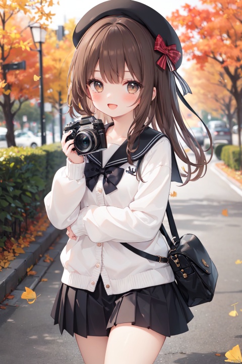  (best quality), (masterpiece),1girl, squirrel, holding camera, solo, skirt, holding, pleated skirt, sailor collar, smile, black skirt, camera, hat, black sailor collar, brown eyes, blurry, :d, white shirt, long hair, shirt, puffy long sleeves, bangs, white headwear, black bow, bag, open clothes, autumn leaves, looking at viewer, school uniform, beret, long sleeves, leaf, blush, serafuku, animal on shoulder, cardigan, brown hair, black bowtie, off shoulder, animal, depth of field, bow, outdoors, ginkgo leaf, blurry background