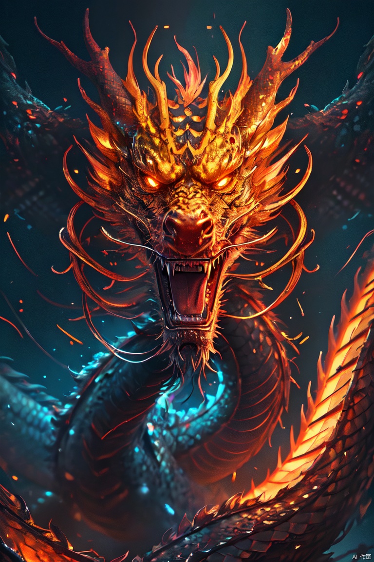  HDR, UHD, 8K, High detailed, best quality, masterpiece, (Cyber Theme) (Colorful, Neon Light) Chinese dragon - huge, (solo), no humans, glowing scales, sharp teeth, 1 pair of sharp angles, clouds, lightning