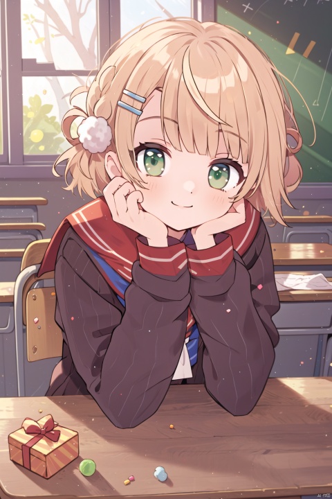 1girl, solo, looking at viewer, blush, smile, short hair, bangs, blonde hair, shirt, hair ornament, long sleeves, sitting, closed mouth, school uniform, green eyes, jacket, braid, food, striped, indoors, virtual youtuber, sailor collar, window, chair, sunlight, light brown hair, box, candy, vertical stripes, pom pom \(clothes\), gift, desk, hair rings, head rest, classroom, school desk, red sailor collar, striped jacket, juice box, pom pom hair ornament