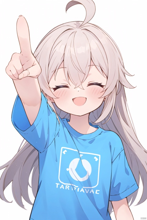 1girl, solo, long hair, blush, smile, open mouth, bangs, simple background, shirt, white background, hair between eyes, closed eyes, upper body, ahoge, short sleeves, arm up, blue shirt, pointing, t-shirt