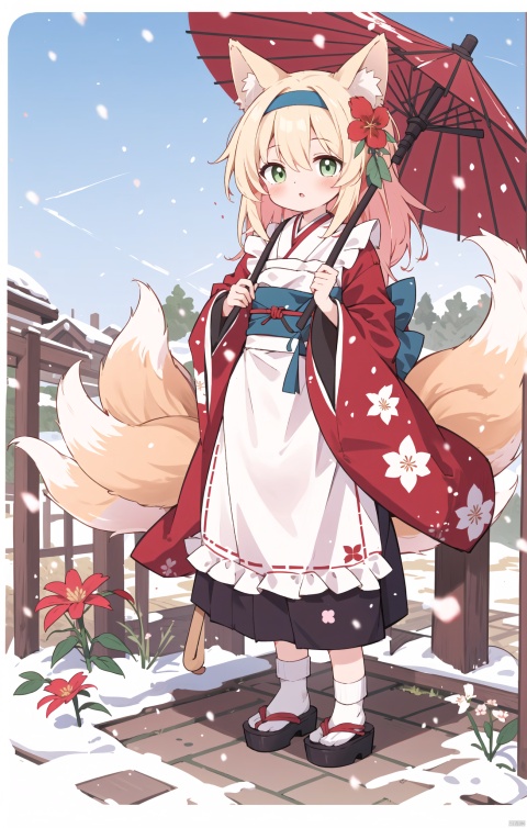 1girl, solo, long hair, looking at viewer, blush, bangs, blonde hair, hair ornament, long sleeves, holding, animal ears, green eyes, standing, tail, full body, flower, hairband, outdoors, frills, parted lips, japanese clothes, alternate costume, day, socks, hair flower, wide sleeves, kimono, apron, animal ear fluff, sash, fox ears, fox tail, umbrella, obi, white socks, fox girl, multiple tails, white apron, snow, holding umbrella, red hairband, tabi, oil-paper umbrella, pink kimono, kitsune, red umbrella, suzuran \(arknights\)