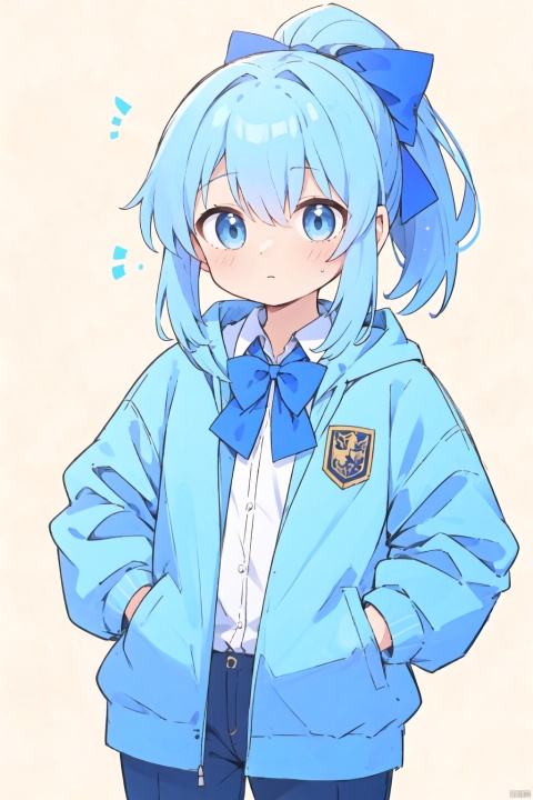 1girl, solo, long hair, looking at viewer, blush, bangs, blue eyes, simple background, shirt, long sleeves, white background, bow, closed mouth, blue hair, jacket, white shirt, ponytail, hair bow, open clothes, collared shirt, hood, bowtie, blue bow, hood down, white bow, blue jacket, hooded jacket, hands in pockets, blue bowtie