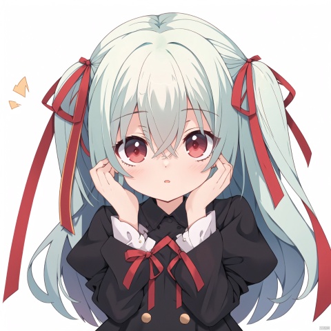 1girl, solo, long hair, looking at viewer, blush, bangs, simple background, red eyes, long sleeves, white background, dress, ribbon, hair between eyes, hair ribbon, green hair, puffy sleeves, black dress, red ribbon, one side up, covered mouth, peeking out