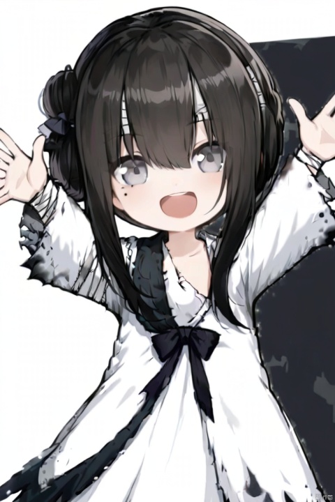 1girl, solo, long hair, looking at viewer, smile, open mouth, bangs, black hair, long sleeves, dress, hair between eyes, upper body, :d, teeth, hair bun, white dress, mole, arms up, grey eyes, torn clothes, hands up, mole under eye, black bow, upper teeth only, bandages, single hair bun, outstretched arms, bandaged arm, bandaged head