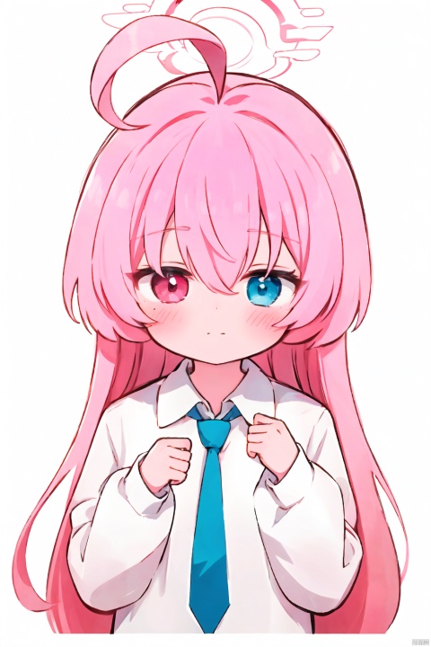 1girl, solo, long hair, looking at viewer, blush, bangs, blue eyes, simple background, shirt, long sleeves, white background, hair between eyes, closed mouth, white shirt, upper body, pink hair, ahoge, necktie, puffy sleeves, collared shirt, heterochromia, halo, letterboxed, puffy long sleeves, blue necktie, notice lines, holding hair, hoshino \(blue archive\)
