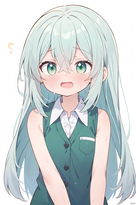 1girl, solo, long hair, blush, open mouth, bangs, shirt, hair between eyes, bare shoulders, green eyes, grey hair, sidelocks, green hair, sleeveless, collared shirt, sweatdrop