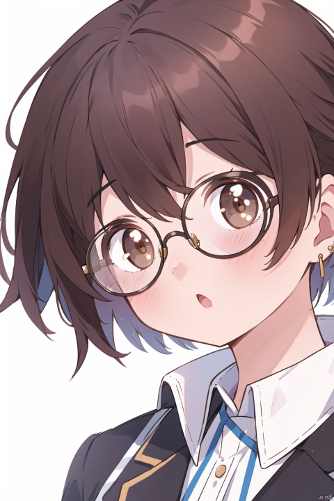 1girl, solo, looking at viewer, blush, short hair, open mouth, bangs, brown hair, shirt, brown eyes, jewelry, white shirt, earrings, glasses, virtual youtuber, :o, portrait, close-up, round eyewear, earphones