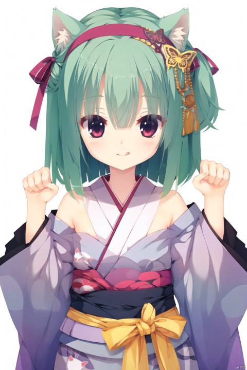 1girl, solo, long hair, looking at viewer, blush, smile, bangs, simple background, hair ornament, red eyes, long sleeves, white background, ribbon, animal ears, hair between eyes, bare shoulders, closed mouth, hair ribbon, upper body, hairband, japanese clothes, green hair, tongue, cat ears, tongue out, wide sleeves, kimono, red ribbon, two side up, animal ear fluff, hands up, sash, obi, black hairband, :q, paw pose, butterfly hair ornament, black kimono