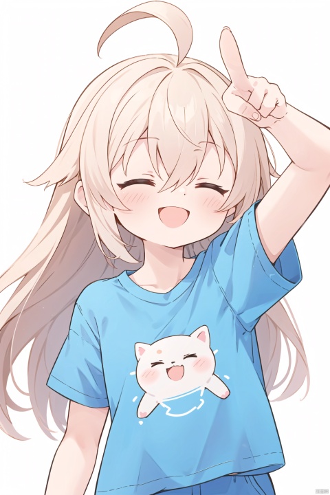 1girl, solo, long hair, blush, smile, open mouth, bangs, simple background, shirt, white background, hair between eyes, closed eyes, upper body, ahoge, short sleeves, arm up, blue shirt, pointing, t-shirt