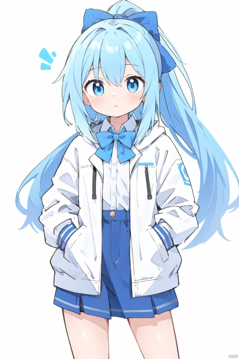 1girl, solo, long hair, looking at viewer, blush, bangs, blue eyes, simple background, shirt, long sleeves, white background, bow, closed mouth, blue hair, jacket, white shirt, ponytail, hair bow, open clothes, collared shirt, hood, bowtie, blue bow, hood down, white bow, blue jacket, hooded jacket, hands in pockets, blue bowtie