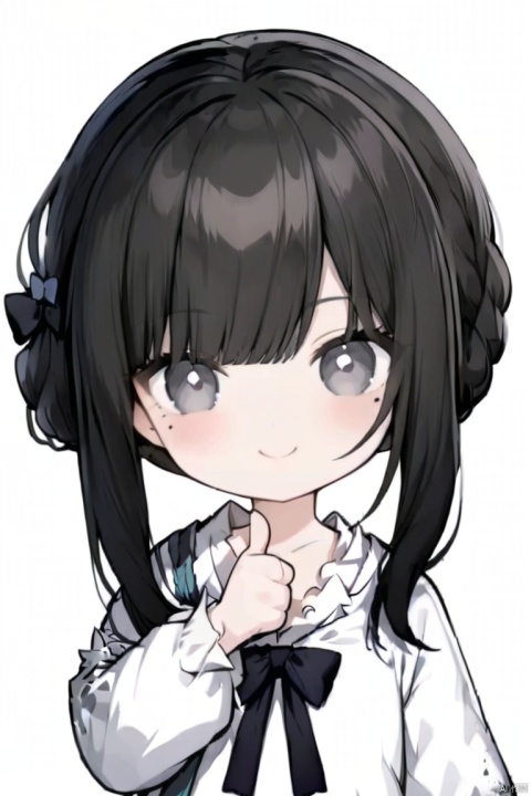 1girl, solo, long hair, looking at viewer, blush, smile, bangs, simple background, shirt, black hair, long sleeves, white background, dress, bow, closed mouth, white shirt, upper body, braid, hair bow, puffy sleeves, hand up, chibi, white dress, mole, grey eyes, mole under eye, black bow, blue bow, puffy long sleeves, thumbs up
