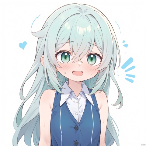 1girl, solo, long hair, blush, open mouth, bangs, shirt, hair between eyes, bare shoulders, green eyes, grey hair, sidelocks, green hair, sleeveless, collared shirt, sweatdrop