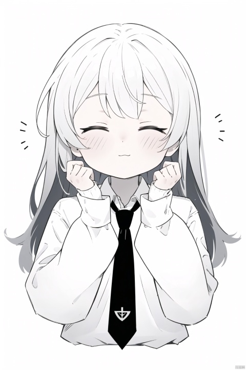 1girl, solo, long hair, bangs, shirt, long sleeves, closed mouth, monochrome, closed eyes, upper body, greyscale, necktie, collared shirt, virtual youtuber, sleeves past wrists, facing viewer