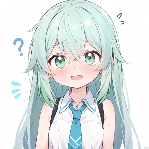 1girl, solo, long hair, blush, open mouth, bangs, shirt, hair between eyes, bare shoulders, green eyes, grey hair, sidelocks, green hair, sleeveless, collared shirt, sweatdrop