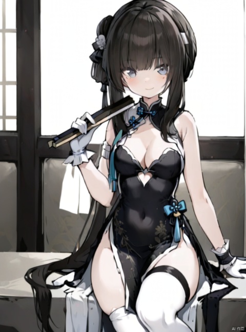 1girl, solo, long hair, breasts, looking at viewer, blush, smile, bangs, thighhighs, gloves, dress, ribbon, holding, cleavage, bare shoulders, medium breasts, sitting, very long hair, closed mouth, ponytail, sidelocks, thighs, sleeveless, alternate costume, indoors, white gloves, blunt bangs, mole, clothing cutout, mole under eye, covered navel, skindentation, sleeveless dress, feet out of frame, black dress, chinese clothes, cleavage cutout, tassel, china dress, hand fan, pelvic curtain, side slit, tress ribbon, folding fan,  holding fan, flower knot, 