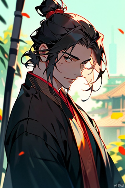 Middle-aged man, looking at viewer, black hair, hair ornament, closed mouth, upper body, solo focus, hair bun, mole, blurry, black eyes, lips, blurry background, single hair bun, realistic, hair stick,outdoor, gufeng