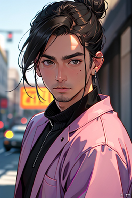 Middle-aged man, looking at viewer, black hair, hair ornament, closed mouth, upper body, solo focus, hair bun, mole, blurry, black eyes, lips, blurry background, single hair bun, realistic, hair stick,outdoor