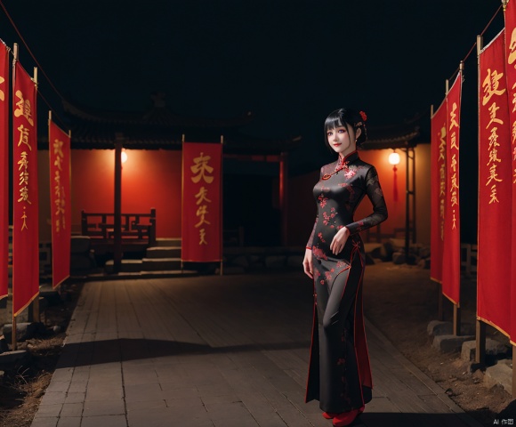  1girl, black hair, wearing a red cheongsam,solo, cold, full-body perspective, ancient Chinese style background,Whole body perspective
