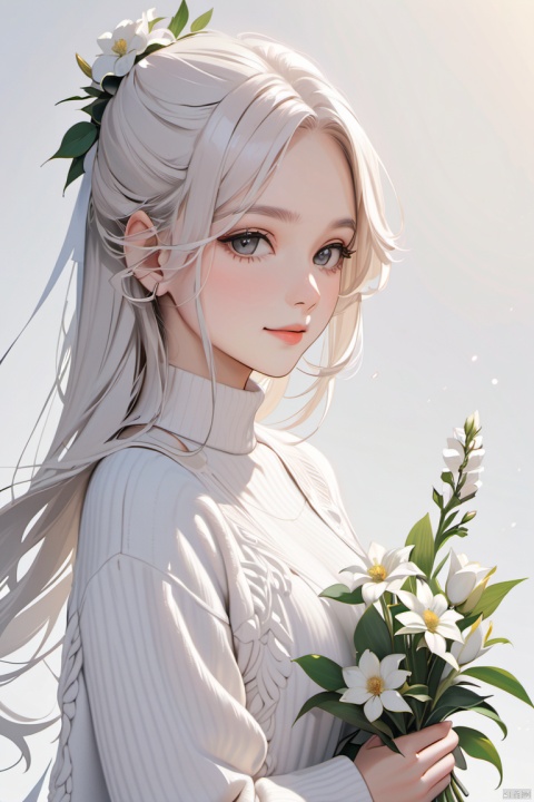  A girl, (white 1.5), 8k,wearing aWhite sweater, smileholding flowers in his hand, standing posture, upper body display.Front angle