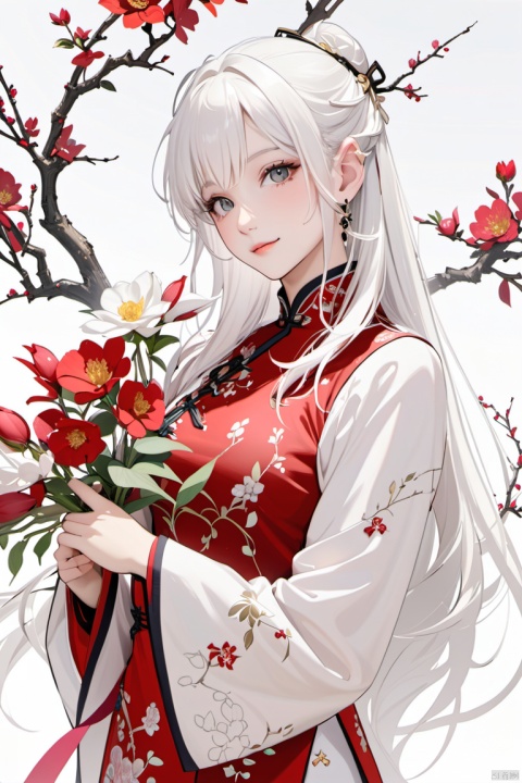  A girl, White hair,(white 1.5), 8k,wearing a qipao, smileholding flowers in his hand, standing posture, upper body display.Front angle