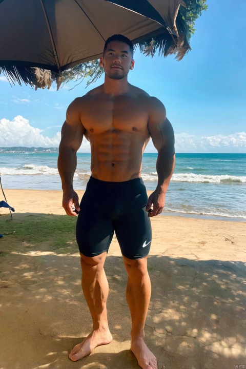  short hair, black hair, navel, full body, male focus, multiple boys, muscular, facial hair, abs, pectorals, plant, muscular male, bara, large pectorals, 6+boys, sideburns, bare pectorals,The abdominal muscles are exposed, the pectoral muscles are exposed, the muscles of the upper body are exposed,More than one muscular man,six muscular men,People account for 80% of the picture,Crotch bulge,（the muscles of the upper body are exposed,Pecic-abdominal muscles,crotch,）,big bright eyes,big eyes,Lying on a swimming ring at the sea,Blue ocean sky,The excitement is that the beach is full of people,Coconut trees, parasols,lying,
