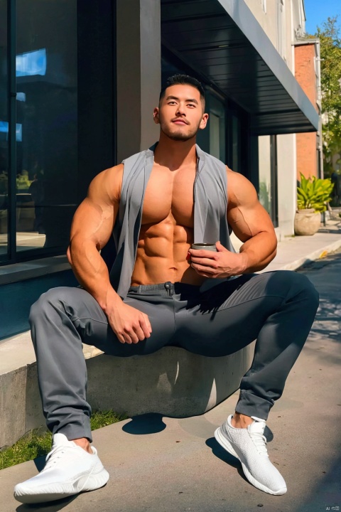  short hair, black hair, navel, jacket, full body, male focus, multiple boys, open clothes, shoes, sleeveless, belt, pants, open jacket, black jacket, muscular, facial hair, abs, pectorals, plant, denim, muscular male, sneakers, bara, large pectorals, 6+boys, jeans, sideburns, white pants, grey pants, bare pectorals,The abdominal muscles are exposed, the pectoral muscles are exposed, the muscles of the upper body are exposed,More than one muscular man,six muscular men,sitting,Sitting on the side of the road drinking hot coffee,People account for 80% of the picture,Crotch bulge,（the muscles of the upper body are exposed,Pecic-abdominal muscles,crotch,）,Upper body only jacket, no other clothes,