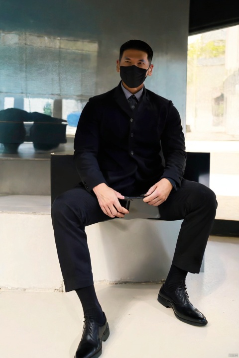  solo, looking at viewer, short hair, brown hair, shirt, 1boy, holding, sitting, jacket, full body, male focus, necktie, shoes, socks, collared shirt, belt, pants, black footwear, black jacket, chair, phone, black pants, formal, cellphone, suit, holding phone, mouth mask, black suit, jzns,flm, LianmoNan,