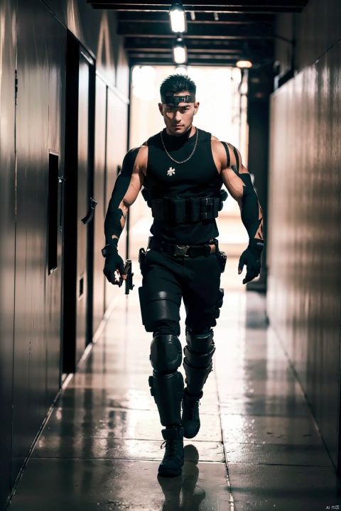 solo, looking at viewer, short hair, black hair, gloves, 1boy, navel, nipples, weapon, male focus, boots, black gloves, belt, pants, fingerless gloves, necklace, holding weapon, gun, muscular, abs, pectorals, muscular male, holding gun, bara, large pectorals, knee pads, harness,Black metal mechanical knee pads,Floor overhead angle,Vision depiction,Tactical combat, tight-fitting, one-piece, black leather,Chest tattoo,Walking tall and erect in slow, dark, dangerous corridors,Upper body lightning energy pattern,Upper body lightning energy pattern,190cm height, height and height pressure, heavy step and slow step,The dark and eerie hallway environment,Normal skin color,no lighting,Super Soldier,Have superpowers,walk straight along the corridor,Special forces, special forces clothing,20-30 years old young men with strong muscles,At midnight,Leggings, tight black leather pants,Wound, bandaged, bloody, bloody,walking,Upper Combat Black Skinny Leather Zipped Open to Show Muscles,