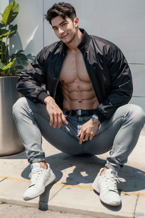  smile, short hair, shirt, black hair, navel, jacket, full body, male focus, multiple boys, open clothes, shoes, sleeveless, belt, pants, open jacket, black jacket, muscular, facial hair, abs, pectorals, plant, denim, muscular male, sneakers, bara, large pectorals, 6+boys, jeans, sideburns, white pants, grey pants, bare pectorals,The abdominal muscles are exposed, the pectoral muscles are exposed, the muscles of the upper body are exposed,More than one muscular man,six muscular men,