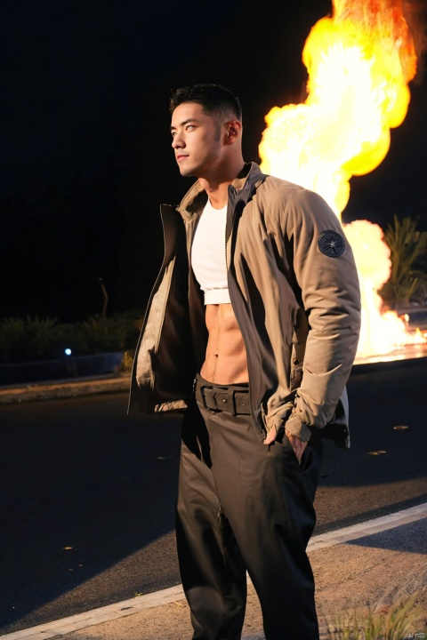 solo, 1boy, navel, jacket, male focus, open clothes, belt, pants, open jacket, muscular, abs, fire, black background,