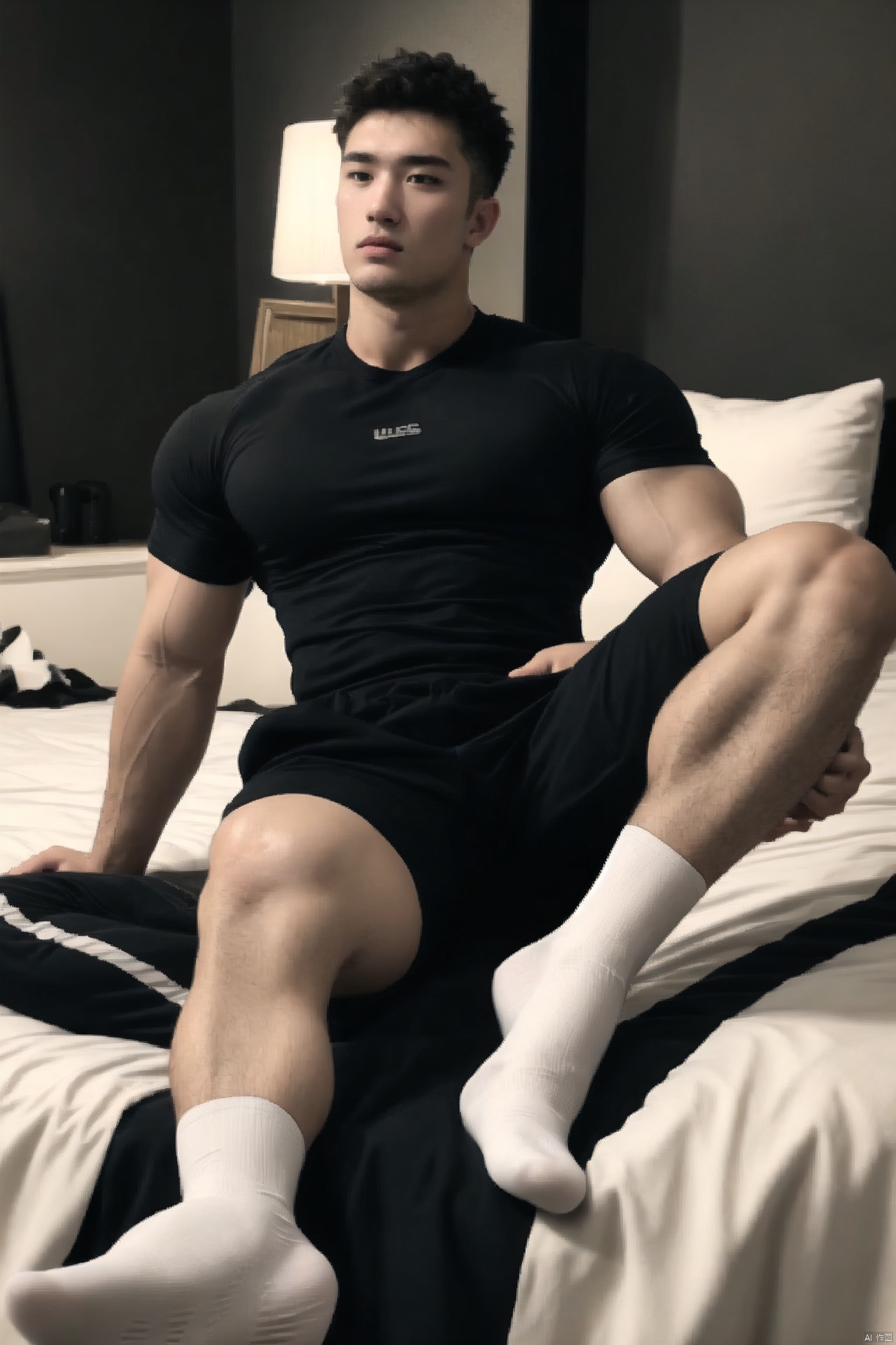  1 Male, Male Focus, (Representative, Realistic, Fine, High Detail, Professional), Asian, Fine features, Handsome, Muscular, Chest hair, Fitness, tight clothes, white socks, full lens, soft light, blurry, lying in bed,black hair,male focus,(masterpiece, Realism, best quality, highly detailed,profession),asian,exquisite facial features,handsome,muscular,chest hair,fitness,tight clothes,black ,full shot,soft lighting,blurry,(wearing black short sleeves and black shorts), young muscular male youth, strong male handsome youth, official art, a realistic painting, surrealism, a 20 - year-old male youth, a strong male, [inch head short hair], a muscular man, muscle contour, muscle shadow, male model face, male model's body proportion, male model's body shape, strong youth, deep eyes, exquisite and perfect facial features, (crotch uplift), real, full of details, he was tall and strong, 180 sports students, handsome Asian guy, deep sockets, the high bridge of the nose, [big eyes, handsome guy, young, strong, male], tall and strong, wearing short black sleeves, black underbody shorts, with black socks on his feet, expose your whole body, 180 long-legged sports students, the whole body, [(Arm is normally placed on the side, normal foot type, normal foot shape, the arm is normally down, tuck in, arms on both sides), ]， mature, young, male, young, strong, male, handsome, light versus shadow portrayal, [well-proportioned muscle contours of the legs, complete hands, ]，
