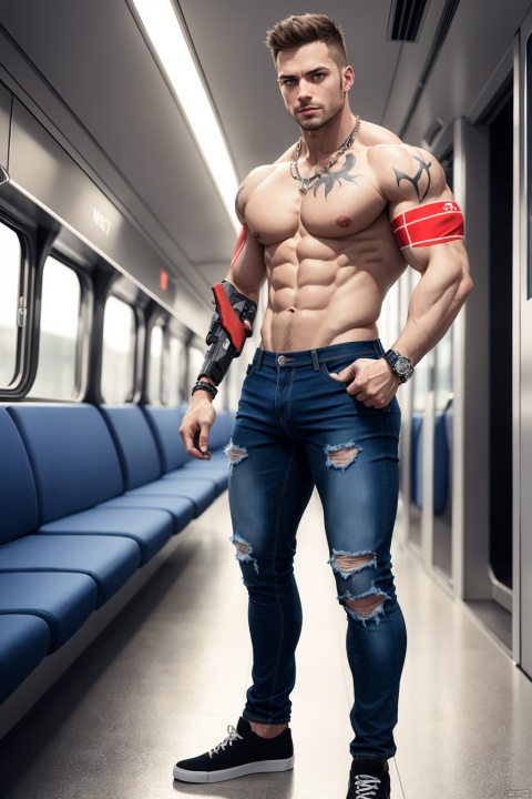 solo, looking at viewer, short hair, 1boy, navel, jewelry, closed mouth, nipples, standing, full body, weapon, male focus, shoes, pants, artist name, necklace, bracelet, gun, muscular, scar, abs, pectorals, denim, muscular male, armband, bara, large pectorals, topless male, watch, jeans, biceps, train interior
