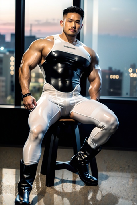  solo, looking at viewer, short hair, black hair, 1boy, sitting, closed mouth, full body, thighs, shoes, spread legs, bodysuit, muscular, facial hair, chair, thick thighs, pectorals, muscular male, sneakers, bara, skin tight, large pectorals,white bodysuit, covered abs,All-body white rubber garment,Men's White Liquid Latex One Piece Boot, Cream One Piece Liquid Latex Tights,Men's white liquid latex one-piece boot, creamy white one-piece liquid latex leather one-piece tights, leather gloss, leather finish,Men's White Liquid Latex One Piece Boot with creamy white one piece liquid latex leather bodysuit, leather gloss, leather finish,Men's White Liquid Latex One Boot, Milk White Liquid Latex Leather One Piece Tights (Top and Trousers, Trousers and Boots), Leather Gloss, Leather Finish,Sitting high up next to the window of the room with the supermarket night view,at night,log legs,at night,City night view,Each hand has five fingers,Asian young man,Tall and strong, burly,Tall, big, muscular guy,