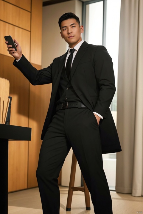  solo, looking at viewer, short hair, brown hair, shirt, 1boy, jacket, full body, male focus, necktie, shoes, socks, collared shirt, belt, pants, black footwear, black jacket, chair, phone, black pants, formal, suit, holding phone, black suit, jzns,flm, LianmoNan,Shiny leather shoes,20 years old young man,Long legs, handsome men, young men, strong men,show shoes,