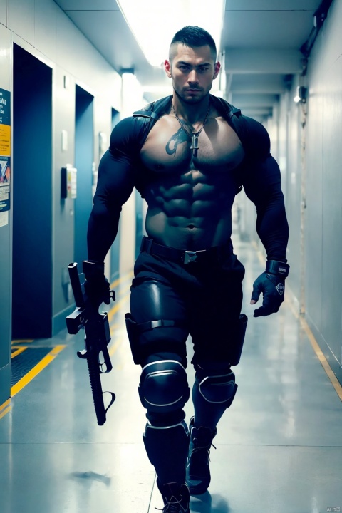  solo, looking at viewer, short hair, black hair, gloves, 1boy, navel, nipples, weapon, male focus, boots, black gloves, belt, pants, fingerless gloves, necklace, holding weapon, gun, muscular, abs, pectorals, muscular male, holding gun, bara, large pectorals, knee pads, harness, dog tags,Black metal mechanical knee pads,Floor overhead angle,Vision depiction,Tactical combat, tight-fitting, one-piece, black leather,Chest tattoo,Combat Black Skinny Leather Zipped Open to Show Muscles,Walking tall and erect in slow, dark, dangerous corridors,Upper body lightning energy pattern,Upper body lightning energy pattern,190cm height, height and height pressure, heavy step and slow step,The dark and eerie hallway environment,Normal skin color,no lighting,Super Soldier,Have superpowers,walk straight along the corridor,