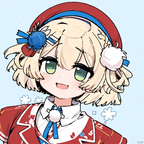  1girl, solo, looking at viewer, blush, smile, short hair, bangs, blonde hair, simple background, shirt, hair ornament, hat, green eyes, braid, virtual youtuber, blue background, light brown hair, portrait, red jacket, pom pom \(clothes\), hair rings, pom pom hair ornament