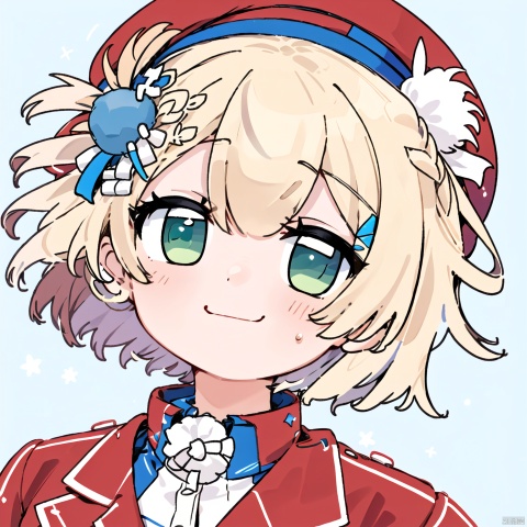  1girl, solo, looking at viewer, blush, smile, short hair, bangs, blonde hair, simple background, shirt, hair ornament, hat, green eyes, braid, virtual youtuber, blue background, light brown hair, portrait, red jacket, pom pom \(clothes\), hair rings, pom pom hair ornament