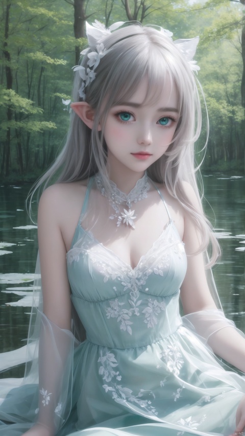  (((masterpiece))), (((best quality))), ((ultra-detailed)), (illustration), ((an extremely delicate and beautiful)),dynamic angle,floating, (beautiful detailed eyes), (detailed light) (1girl), loli, small_breasts, floating_hair,  glowing eyes, pointy_ears, white hair, green eyes,halter dress, feather, leaves, nature, (sunlight), river, (forest),(painting),(sketch),(bloom)