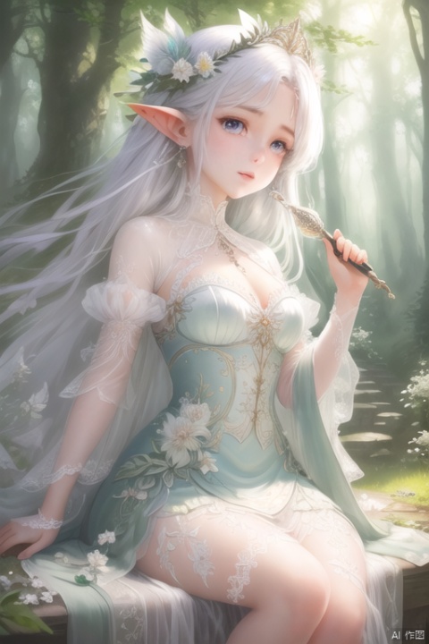  (((masterpiece))), (((best quality))), ((ultra-detailed)), (illustration), ((an extremely delicate and beautiful)),dynamic angle,floating, (beautiful detailed eyes), (detailed light) (1girl), loli, small_breasts, floating_hair,  glowing eyes, pointy_ears, white hair, green eyes,halter dress, feather, leaves, nature, (sunlight), river, (forest),(painting),(sketch),(bloom)