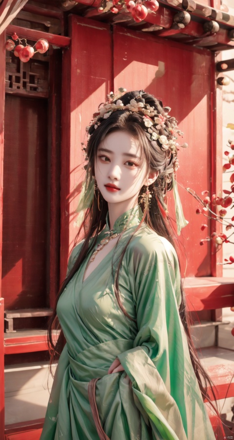  1girl, green hanfu, lotus leaf, best quality, master, (full body:0.5), highres, pretty face, hair accessories, (solo:1), looking at viewer, lips, dress, heal order, necklace, jewelry, (ridiculous long hair:1), earrings, hanfu, architecture, East Asian architecture, hanfu, ( Realism:1.5), Super High Resolution, Best Quality, Shameful Blush, Hair Strands, Arms Behind, (Expressive Hair:1.1) ,Perfect Body Proportions,
,baihuaniang,The expression is indifferent,white china dress,light smile,yifu,yuzu,high heels,moyou, liuyifei, dofas, hydress-hair ornaments, hf_xy, yue , hair ornament , hanfu,larger breast