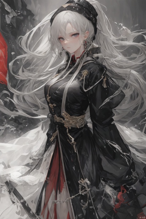  High detailed, UHD, 8K, best quality, (masterpiece:1.3), A girl, solo, female focus, Gray hair: 1.5, long hair, （Black, Hanfu, kimono）, Splash Surround: 1.3, In the rain: 1.3, /, Sword in Hand: 1.2/, swords, / Sword hilt, scabbard, Depodh, /, fine gloss, full length shot, Black Background: 1.5, splash water, ray tracing, reflection light, anaglyph, motion blur, cinematic lighting, motion lines, Depth of field, chiaroscuro, god rays, Hyperrealism, textured skin, 1080P, ccurate, dofas, lager breasts,(Breast exposure:1.4),Shoulder exposure,((whole body)), sdmai, liuyifei,1girl/1boy,鏃�