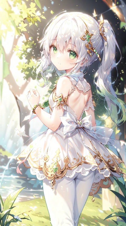  1girl, solo, masterpiece, best quality, 8k,high detailed,beautiful face, young girl, detailed eyes,Perfect picture quality

white pantyhose, nahidadef, nahidarnd,

White Hair with green tips,There is a cross in the green eyes,loli

Lie flat on the grass,There are flowers around,Put your hands behind your back,Wearing White Stockings,Wearing a white lace vest,Wearing Jean shorts