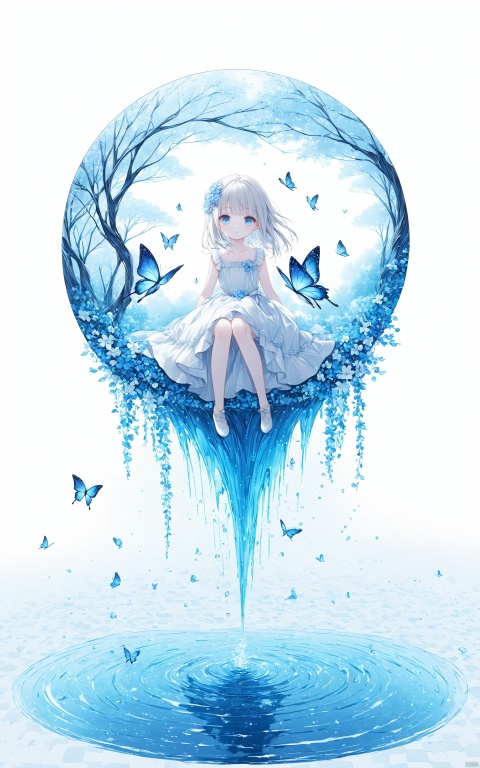  (masterpiece), (best quality), loli, dynamic angle,original,(an extremely delicate and beautiful),Perfect details,(ultra-detailed),illustration,(fantasy:1.3),(extremely detailed CG unity 8k wallpaper),(depth of field),(full body:1.233),(Livy Irwin), (white background:1.45),(transparent background:1.3),(Circular background:1.27), (1girl:1.314),detailed face,(++(A pale complexion:1.414)//),(azure blue eyes:1.233),(glowing eyes:1.233),(detailed eyes),(Silver hair:1.14),(+(hair flower:1.14)),(expressionless,closed mouth),(lolita fashion:1.14),(sitting), (abysmal sea),(flowing water),(a dull blue world tree:1.14,in the cemetery:1.233),(night:1.2),dreamy,soul,(yubao:0.5),(fluorescence),(flying translucent blue butterflies:1.15),