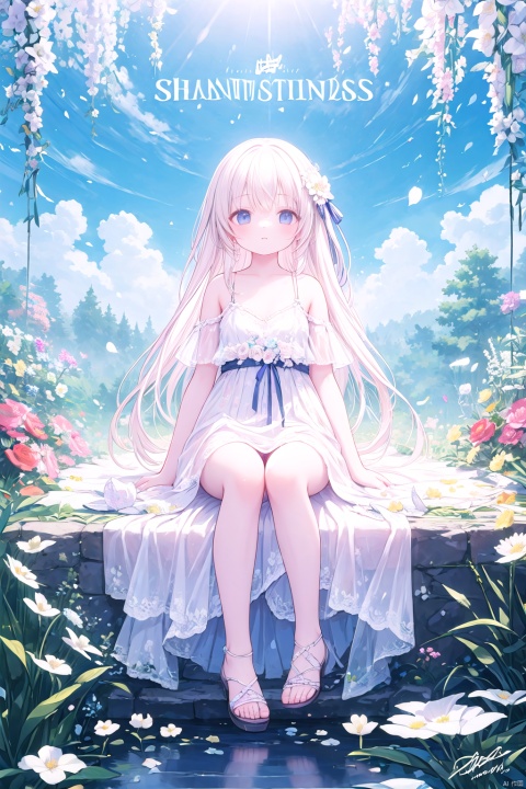  best quality, masterpiece, illustration, (reflection light), incredibly absurdres, ((Movie Poster), (signature:1.3), (English text), 1girl, girl middle of flower, pure sky,clear sky, outside, collarbone, sitting, absurdly long hair, clear boundaries of the cloth, white dress, fantastic scenery, ground of flowers, thousand of flowers, colorful flowers, flowers around her, various flowers,bare shoulders,skirt, sandals,