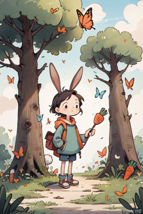 a_rabbit_with_carrot_in_hand,a_bird_standing_on_a_tree,some_butterflies,early_summer,cloud_in_sky,