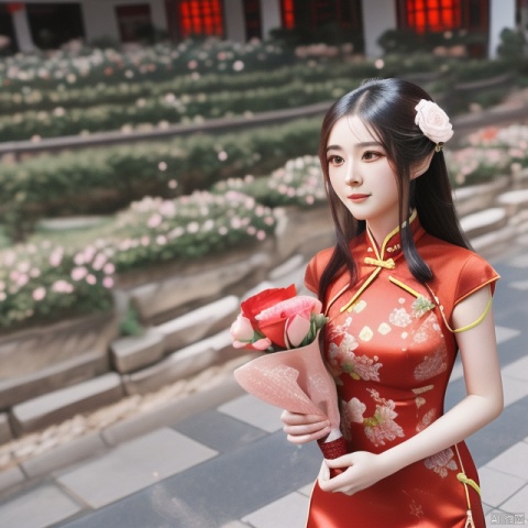 1girl,chinese wedding,long_hair,red dress,flowers in hand,