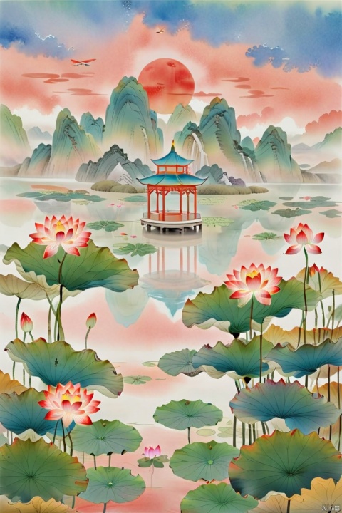 The lotus leaves touching the sky are infinitely green, and the lotus flowers reflecting the sun are uniquely red, a Hexagonal Pavilion standing on the shore, a dragonfly standing on one of the lotus flower