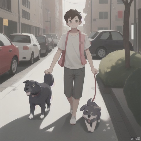 1boy,with a cute dog,walking