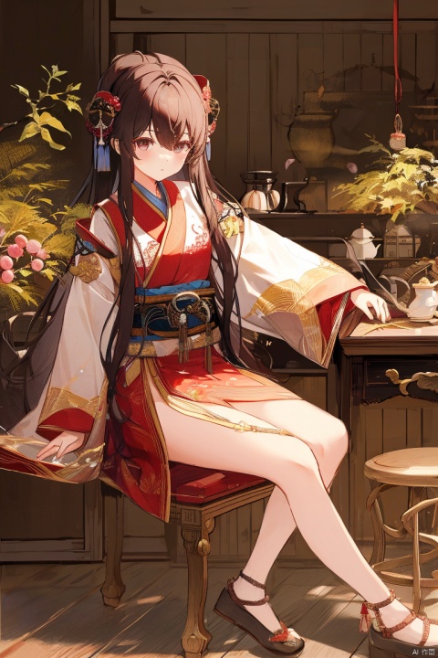 1girl_in_hanfu_sitting_on_wood_chair_with_teapot_on_a_round_wood_desk, flower,grapes,fruit,